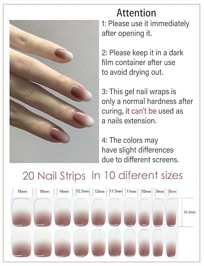 Semi Cured Gel Nail Strips, Chocolate Ombre? 20pcs Gel Nail Stickers Work with UV, Easy to Use and Remove