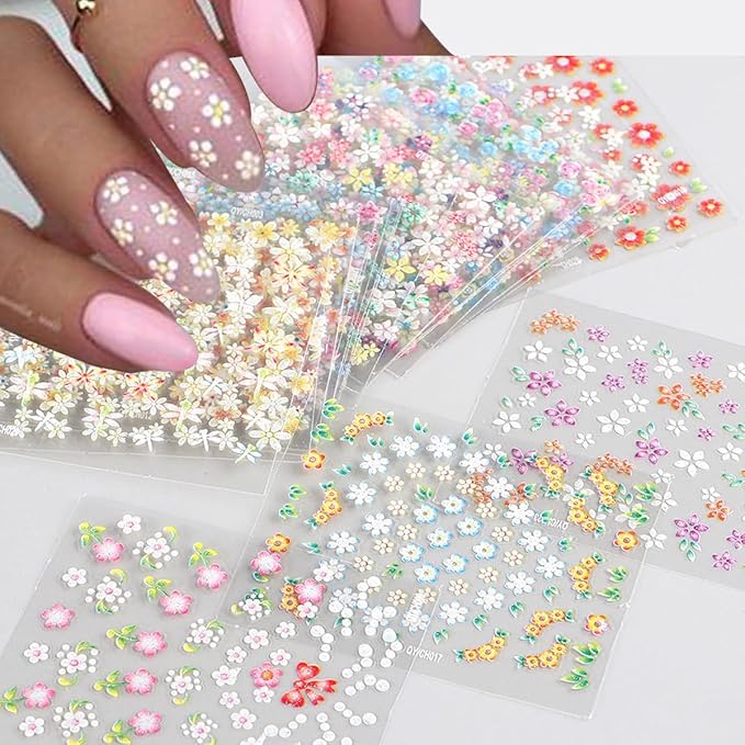 30 Sheets Flower Nail Art Stickers Decals Colorful Flower Nail Stickers 3D Self Adhesive Cute Daisy Floral Nail Decals Heart Nail Supplies Nail Art Design Decoration Accessories for Women DIY Manicure