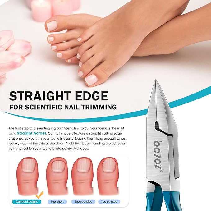 BEZOX Straight Blade Toenail Clippers - Wide Open Pointed Jaw Toe Nail Clippers for Ingrown Nails, Precision Grooming Toenail Scissors for Seniors Thick Toenails - Blue