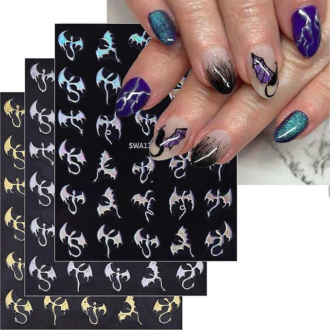 ONPRESS 8Sheet Halloween Bats Nail Stickers Black Gold Glitter French Tips Nail Art Stickers 3D Self-Adhesive Silver Red Spider Web Nail Decals Exquisite Gothic Holiday Nails Supplies for Women DIY