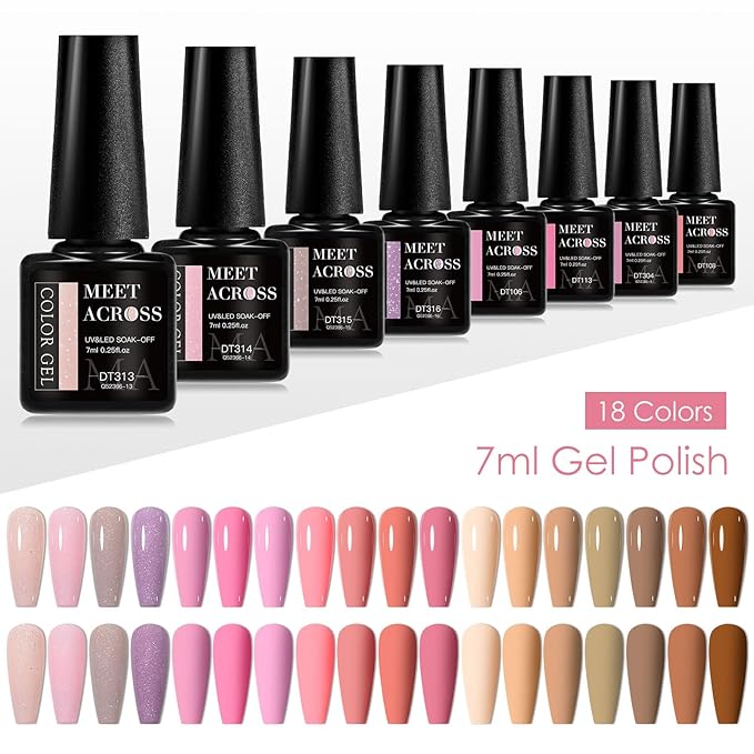 MEET ACROSS 18pcs Gel Nail Polish Set Soak Off UV LED Lamp Gel Nail Polish Kit (SET-12, 18pcs)