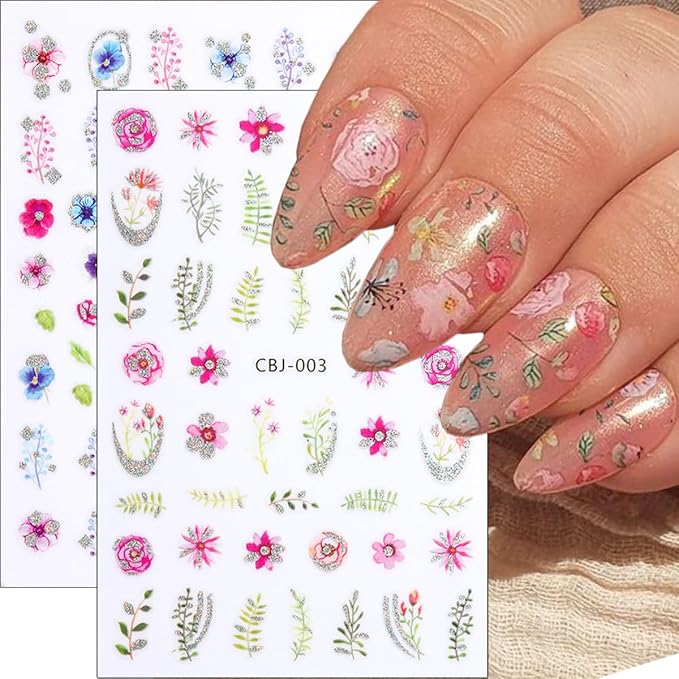 Flower Nail Art Stickers Decals 3D Silver Glitter Floral Nail Decals Spring Summer Leaf Rose Daisy Nail Stickers Colorful Cute Flower Nail Decoration Accessories for Women DIY Acrylic Nail 6Sheets