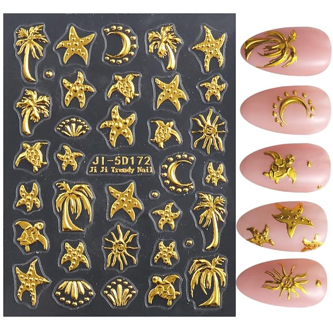 Summer Nail Art Stickers Decals Palm Tree Starfish 5D Embossed Nail Decals 2PCS Golden Coconut Tree Turtle Moons Summer Nails Design Adhesive Sticker Nail Art Supplies for Women Manicure Decorations