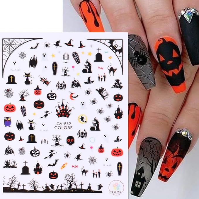 Halloween Nail Stickers for Nail Art 3D Cute Pumpkin Skull Ghost Nail Decals Spooky Design Witch Black Cat Gothic Nail Art Stickers Spider Web Halloween Nail Charms for Nail Decoration Supplies 8Pcs