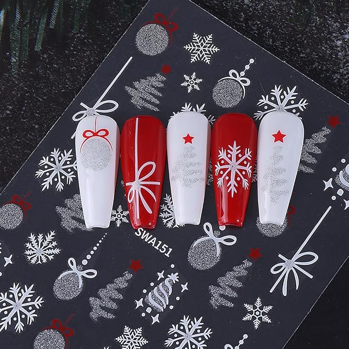 3 Sheets Christmas Nail Art Stickers Snowflake Nail Decals with Xmas Tree Elk Lanterns Design 3D Self-Adhesive Nail Stickers Acrylic Accessories Nail Supplies for Women DIY Christmas Decorations