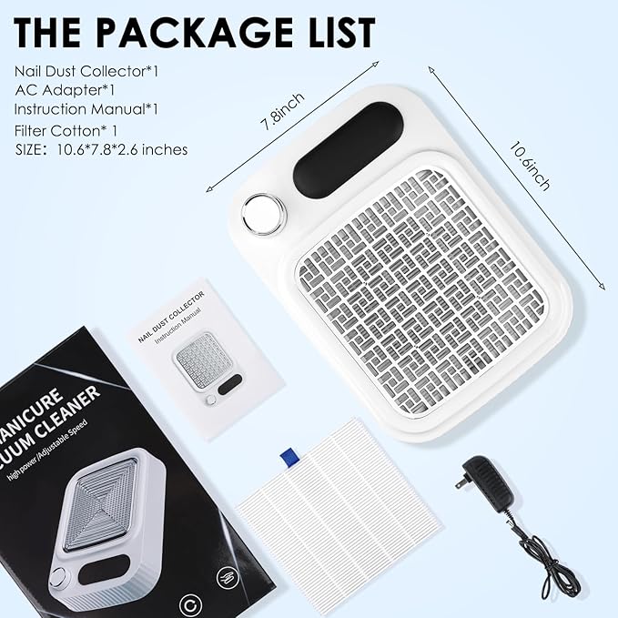 80W Nail Dust Collector with Reusable Filter for Acrylic Gel Nails, Vacuum Fan Dust Collector for Beginner, Adjustable Nail Vacuum Suction Fan for Manicure Pedicure at Salon or Home