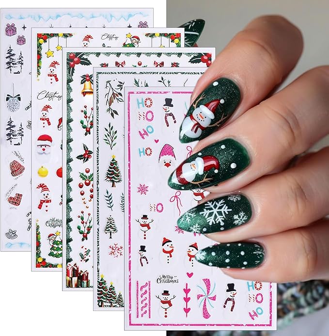 5 Sheets Christmas Nail Stickers 3D Self-Adhesive Dwarf Santa Claus Snowflake Xmas Trees Nail Decals Cute Elk Penguin Nails Design Stickers Winter Nails Supplies for Women Holiday DIY Manicure Decor