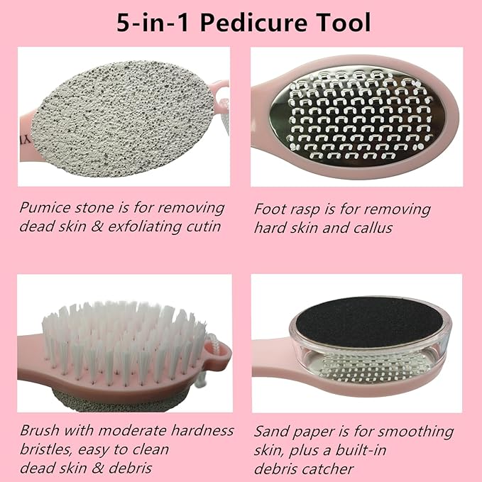 Foot File Callus Remover 5-in-1, Feet Scraper Pedicure Tools with Pumice Stone, Foot Scrubber Brush, Stainless Steel Foot Rasp and Sand Paper Debris Catcher, Multi Purpose for Home Foot Care