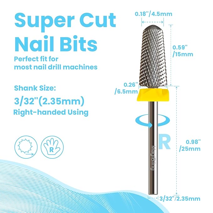 Super Cut Tapered Barrel 3/32'' Safety Tungsten Nail Drill Bits, Remove Gel Fast, Right handed, Suitable for Manicure Pedicure Cuticle Gel Polishing, Technicians Bits, Grit: Extra Fine.
