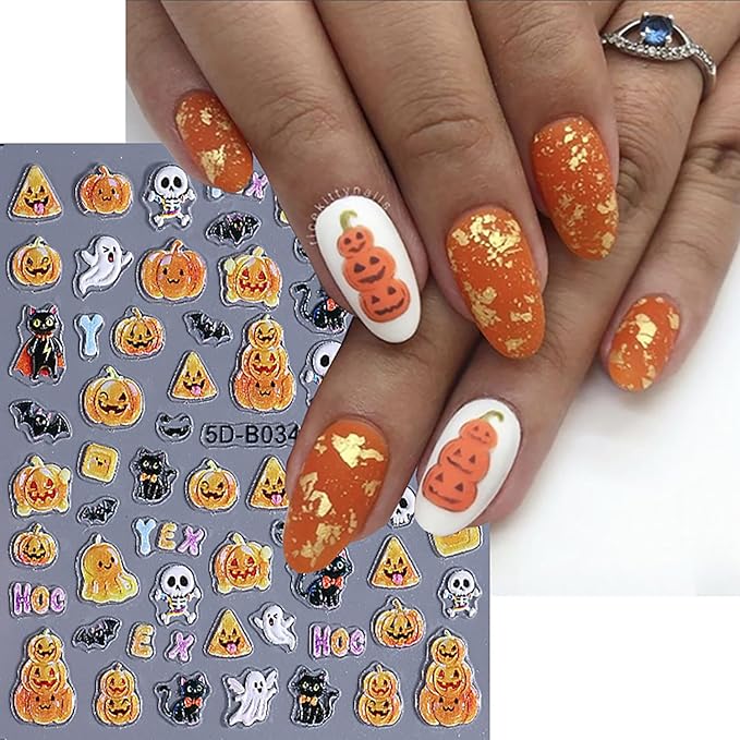 3 Sheets Halloween Nail Art Stickers Ghost Spider and Pumpkin Nail Stickers Cute Nail Decals for Nails Art 3D Self-Adhesive Nail Art Supplies for Women Girls
