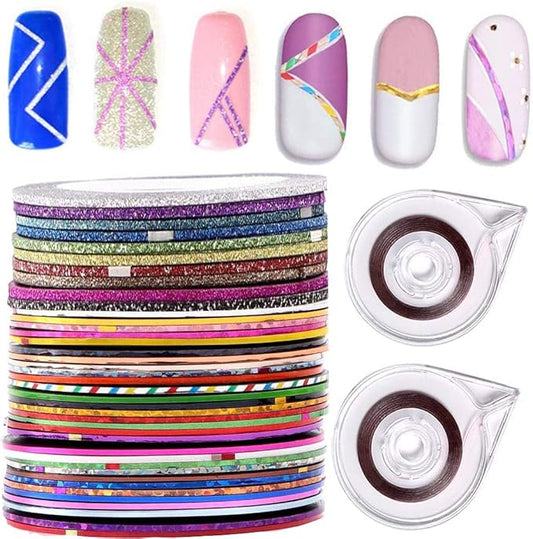 Nail Striping Tape Line 40 Rolls Multicolor Glitter Matte Texture Decal Nails Art Adhesive Sticker Foil with 2Pcs Tape Roller Dispenser Holder
