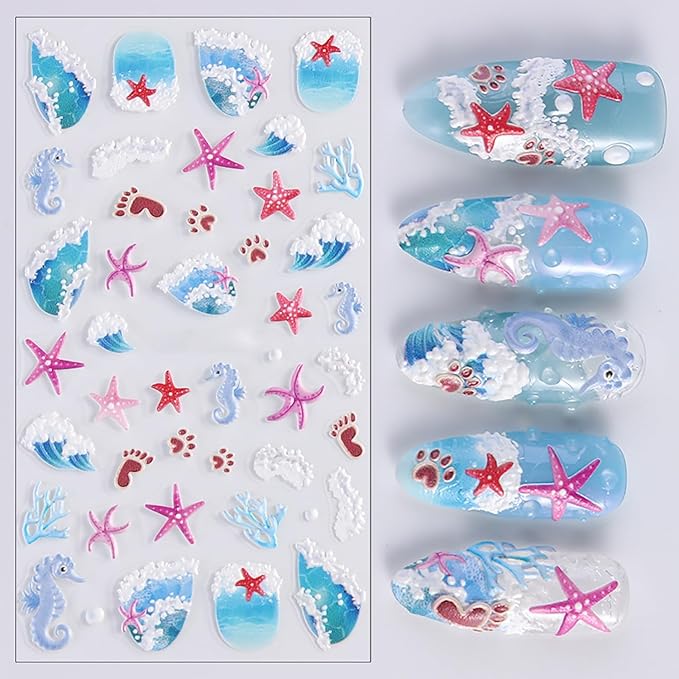 1 Sheets Ocean Style Nail Decals for Nail Art Embossed Coral Seahorse Starfish Nail Art Stickers Summer Beach Nail Stickers 5D Self-Adhesive Sea Waves Nail Decoration for Women Nails Designs