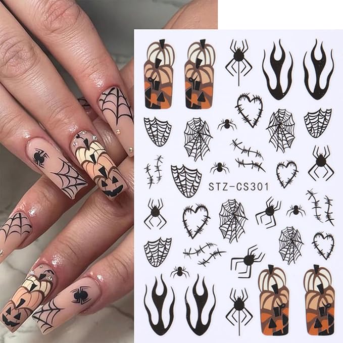 6Sheets Halloween Ghost Nail Stickers for Nail Art Set - 3D Skull Spider Heart Pumpkin Flame Star Cartoon Cute Designs Nail Decals Foil Transfer Sliders Holiday Party Halloween Manicure Decorations