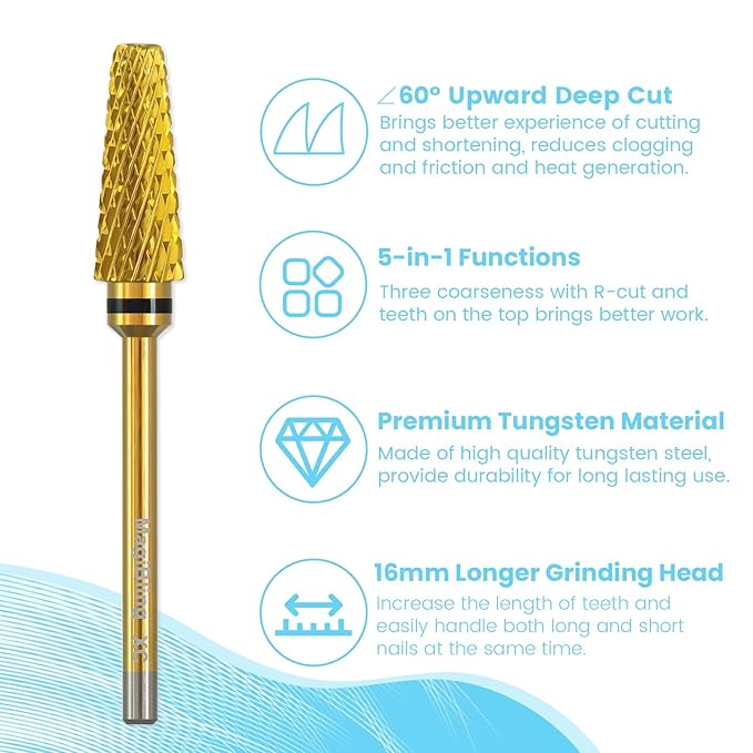 Super Cut 5 In 1 Nail Drill Bits，Tapered 3/32'' Safety Tungsten Bits, Upward Cut for Hard Gel Removal, Right Hand Use, Manicure Cuticle Gel Polishing, Technicians Bits, Gold, Extra Coarse.