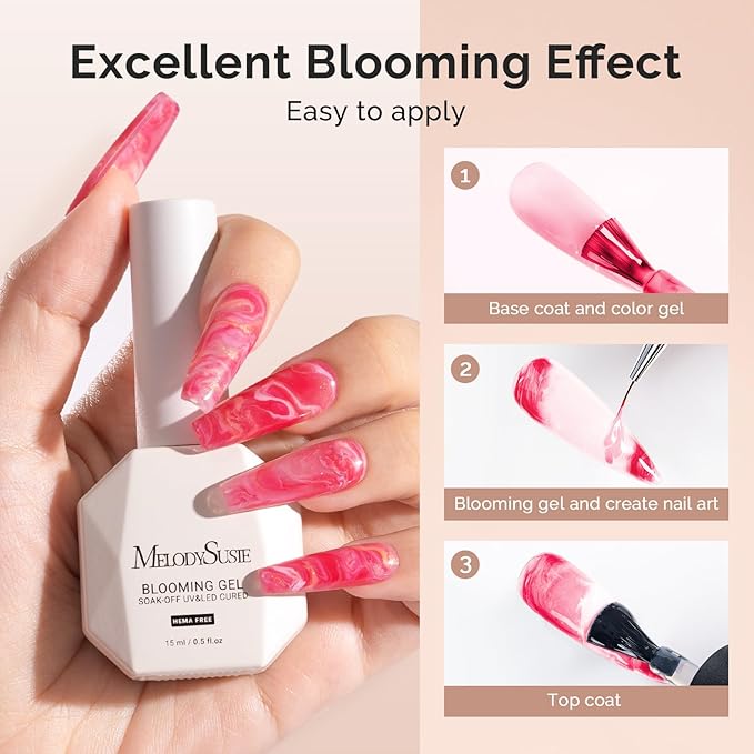 MelodySusie Hema Free Blooming Gel and Top Coat Set HEMA, HPMA, TPO Free for Nail Design 0.5 Fl Oz Marble Watercolor UV Nail Polish Spreading Effect Nail Salon Manicure at Home 2PCS