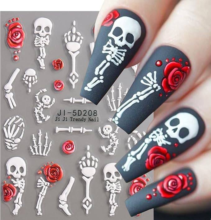 2Sheets Halloween Nail Art Stickers 5D Embossed Skull Bones Nail Decals with Cute Rose Flowers Designs Nail Stickers Self-Adhesive Skeleton Floral Nail Decal for Women DIY Manicure Decoration Supplies