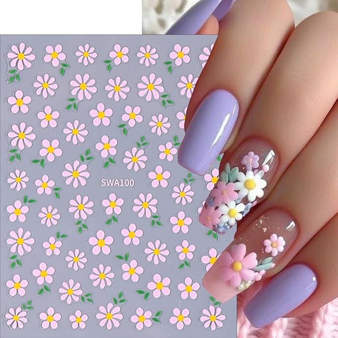 6Sheets Colorful Flower Nail Art Stickers 3D Floral Nail Decals Spring Wildflower Daisy Nails Design Stickers White Blue Pink Flower Sticker Cute Nails Supplies Decoration for Women Girls Manicure