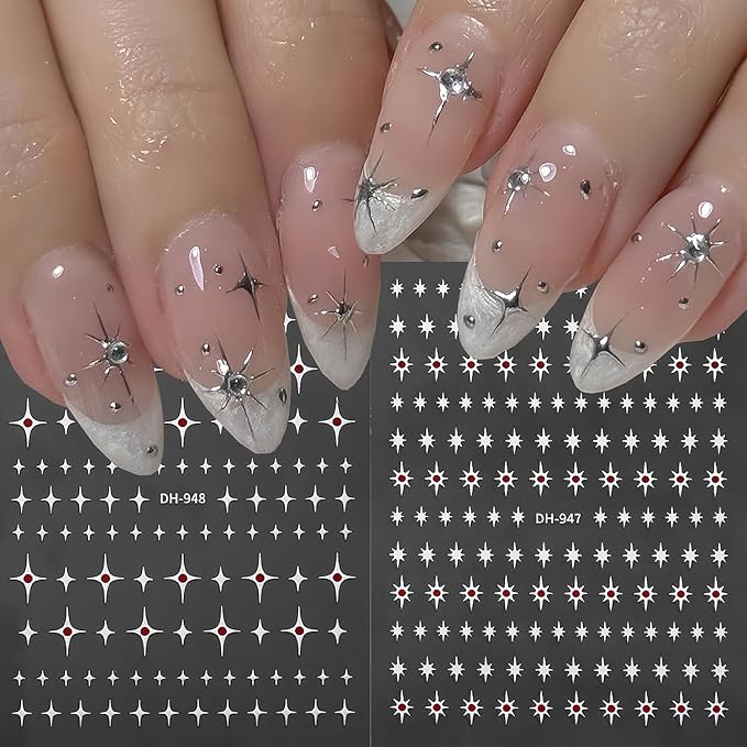 5 Sheets Star Nail Art Stickers 3D Self-Adhesive Gold Stars Starlight Nail Stickers with Red Rhinestones Design Nail Decals Star Moon Nails Sticker for Women Daily DIY Manicure Decoration