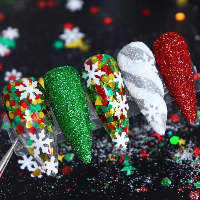 Christmas Nail Art Glitters Sequins, 12Boxes Winter Nail Art Decoration Flakes 3D Snowflake Nail Decals Red Green Nails Art Designs Holographic Christmas White Snowflake Glitters for Nails Decorations