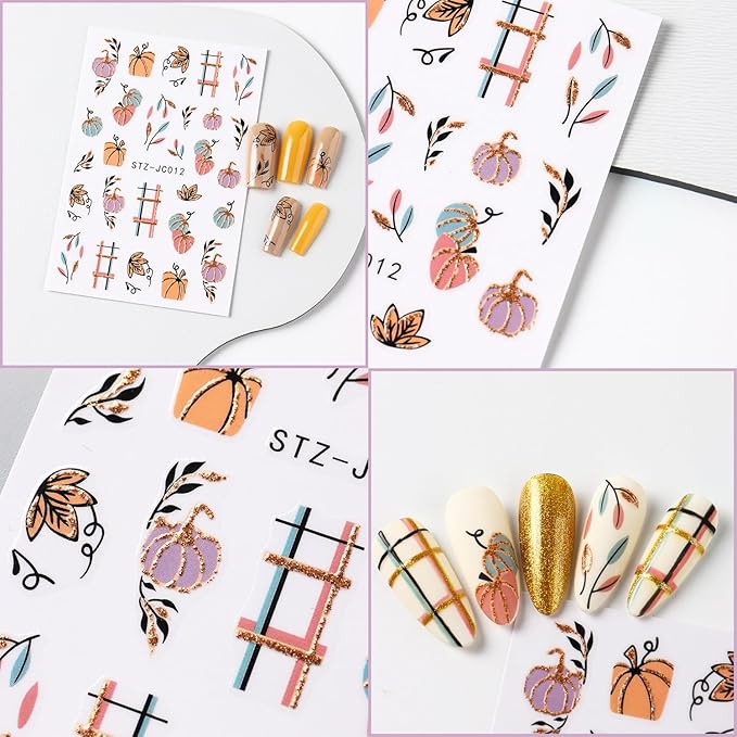 6 Sheets Fall Nail Stickers for Nail Art Cute Pumpkin Nail Decals Autumn Maple Leaf Nail Art Stickers 3D Self-Adhesive Glitter Thanksgiving Day Pumpkin Nail Decoration for Women Nails Design Supplies