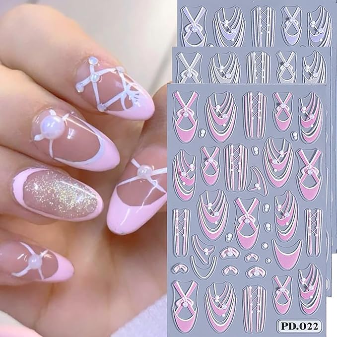 5 Sheets Ballet Bow Nail Art Stickers 5D Relief Self -Adhesive Pearl Bow Nail Decals Holographic Lace Bows Love Heart Nail Stickers French Nail Decoration for Women Manicure Supplies