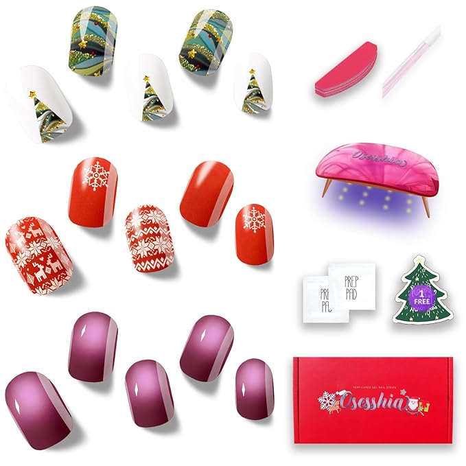 Semi Cured Gel Nail Strip Starter Kit, (Include 60 Pcs Nail Stickers, 1 UV Lamp and Nail Tools), Glaze Wraps, Salon Quality Gel Polish Strips, Christmas Nails Stickers Kit