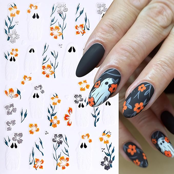 8 Sheets Halloween Nail Art Stickers Cute Ghosts Nail Decals Spooky Black Cat Flower Mirror Ghost Spider Web Design Pumpkin Bat Spider Nails Supplies Flower Ghost Nail Decor for Women DIY Manicure