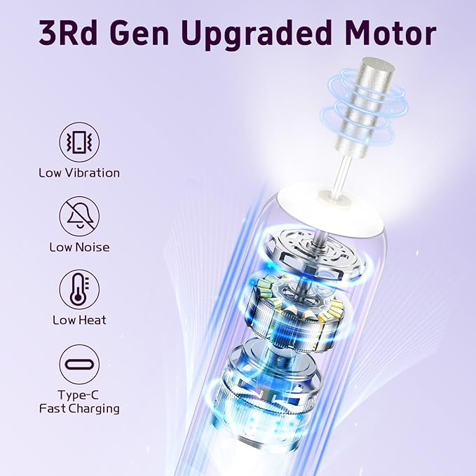 Professional Nail Drill Set, 2,0000 RPM Electric Nail File with 12 Grinding Head & 100Pcs Sanding Bands for Acrylic Gel Nails, Manicure and Polishing (Light Purple)