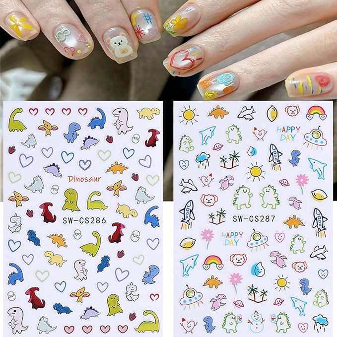 6Pcs Cute Dinosaur Nail Art Stickers 3D Self Adhesive Kawaii Nail Decals Cute Nail Stickers Colorful Animal Aircraft Summer Nail Design Sticker Heart Nail Art Supplies for Women Manicure Accessories