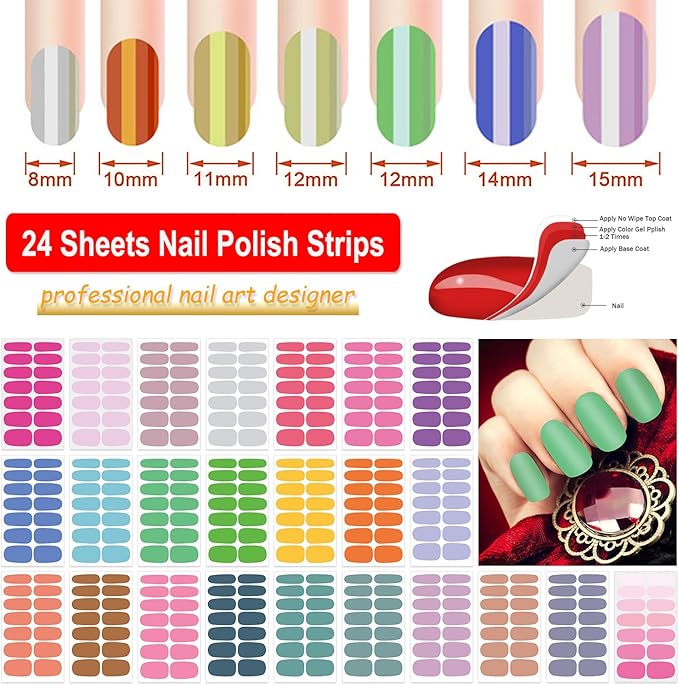 DANNEASY 24 Sheets Light Color Nail Polish Stickers Full Nail Wraps for Women Young Girl Self Adhesive Nail Polish Strips Gel Fingernail Sticker Nails with Nail File, Cuticle Stick