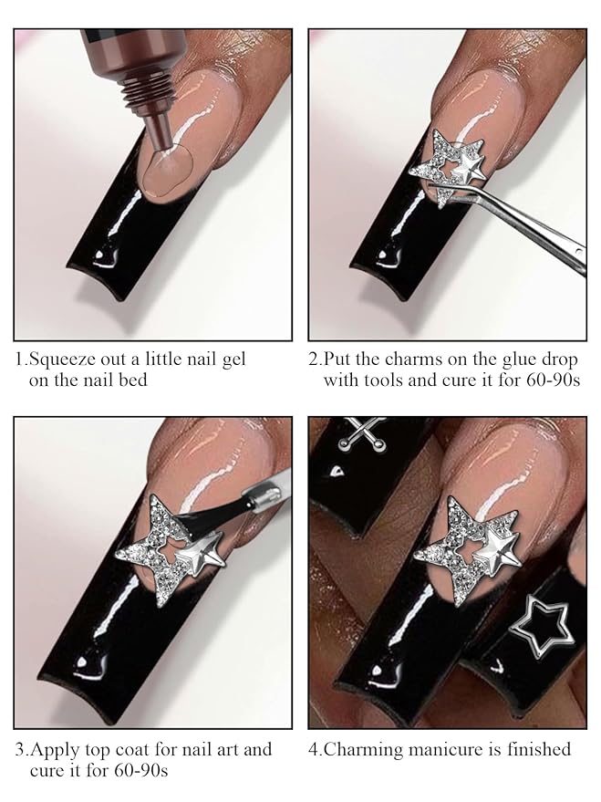EBANKU Nail Charms for Nails, 100 PCS Nail Charms Y2K Bulk Set with 15g Nail Rhinestones Glue, Star Heart Planet Cross Alloy Nail Gems 3D Silver Stars Nail Jewels Accessories for Acrylic Nails