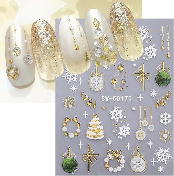 2 Sheets Christmas 5D Embossed Nail Art Stickers for Xmas Trees, Gift, Snowman Nail Decals with Gold, Silver Ball, Reindeer, Elk Designs for Women, Cute Winter Stickers