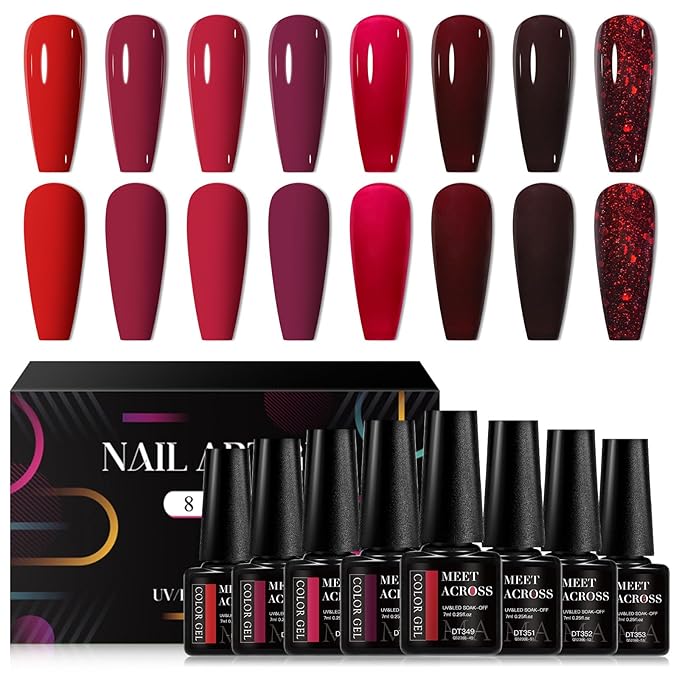 MEET ACROSS Red Gel Nail Polish Set, 8 Colors Bloody Mary Collection Shimmer Red Burgundy Gel Polish Kit Nail Art Design Soak Off Uv LED Gel Nail Kit Minicure DIY Home Gifts for Mom