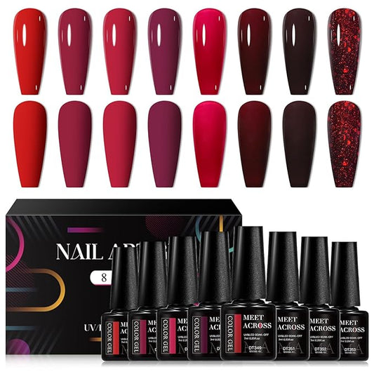 MEET ACROSS Red Gel Nail Polish Set, 8 Colors Bloody Mary Collection Shimmer Red Burgundy Gel Polish Kit Nail Art Design Soak Off Uv LED Gel Nail Kit Minicure DIY Home Gifts for Mom