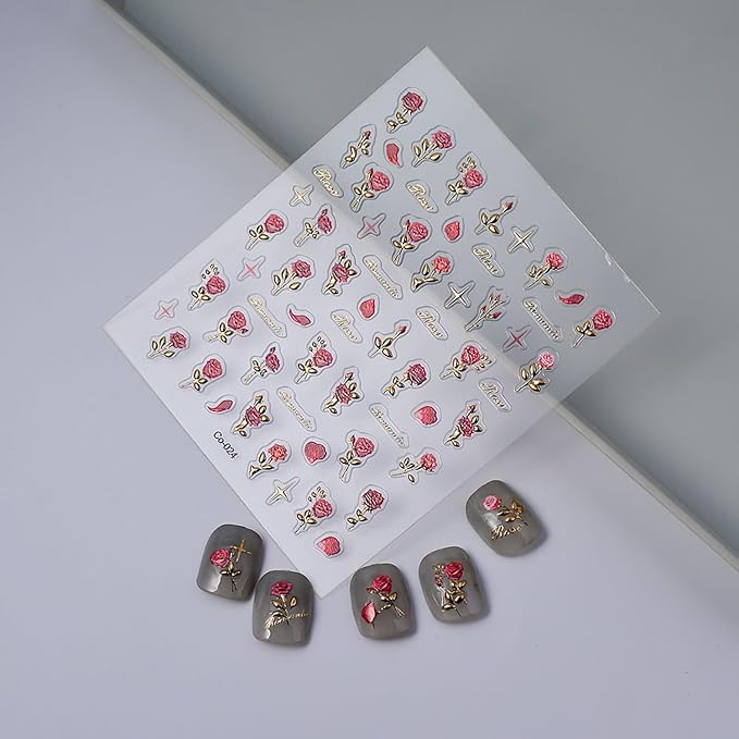 5D Embossed Rose Nail Stickers Flower Nail Art Sticker Valentine's Nail Art Supplies Spring Rose Flower Retro Gold Design Floral Nail Adhesive Sticker for Women Manicure Decoration Accessories