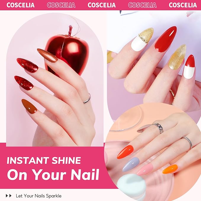 Coscelia 73pc Gel Nail Polish Kit with U V light, 60 Bottles Gel Nail Polish and Soak off Top Base Coat Fall Colors Enchantment Collection Glitter Nail Rhinestones Gel Manicure Starter Kit DIY Gifts