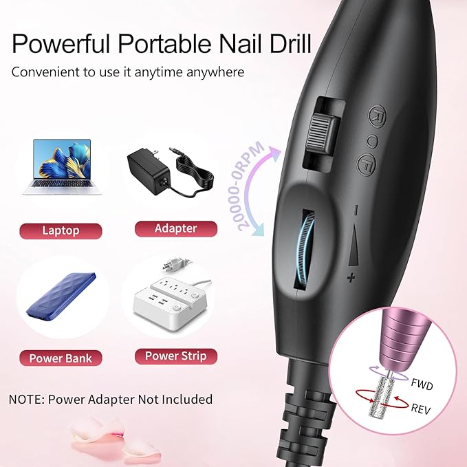 Electric Nail Drill, Professional Acrylic Nail Drills Machine for Gel, Acrylic Nails, Portable USB Electric Nail File Efile Set with Iridescent Nail Drill Bits, Manicure Pedicure Nail Tools