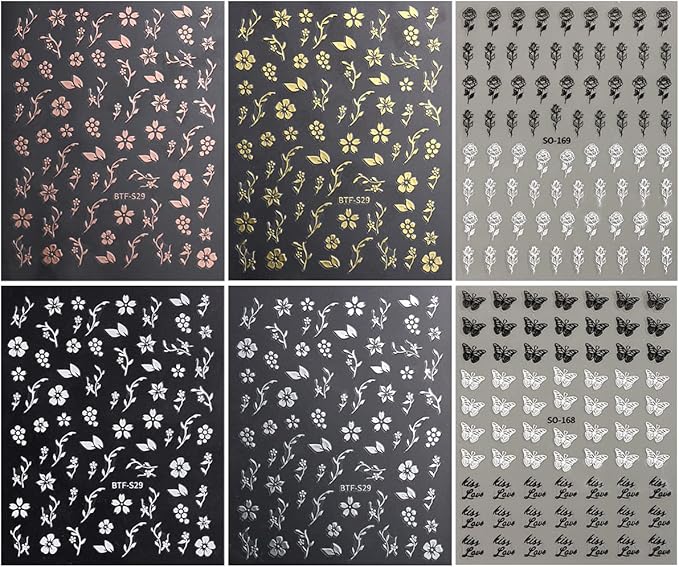6 Sheets Gold Nail Art Stickers,3D Metallic Self-Adhesive Nail Decals Gold Silver Black White Cherry Blossom Rose Leaf Butterfly Nail Design Bronzing Flower Nail Sticker for Women Manicure Decoration