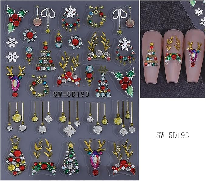 5D Embossed Christmas Nail Stickers for Nail Art - Gold Glitter Nail Art Stickers Xmas Tree Elk Deer Nail Decals Cartoon Nail Supplies for Women DIY Christmas Decorations 2 Sheets