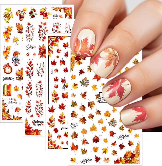 Fall Nail Art Stickers 8 Pcs 3D Self-Adhesive Thanksgiving Nail Decals Maple Leaves Pine Cone Deer Nails Designs Autumn Nails Decorations for Women DIY Manicure Art Supplies