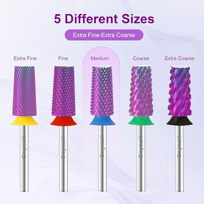 Cnynail 3/32" Large Tapered Barrel Flat Bit Tungsten Carbide Nail Drill Bit Safety Bit for Gel & Acrylic Removal, 2- Way Rotating Efile Tip, Salon Electric File Accessory (M Girt, Purple)