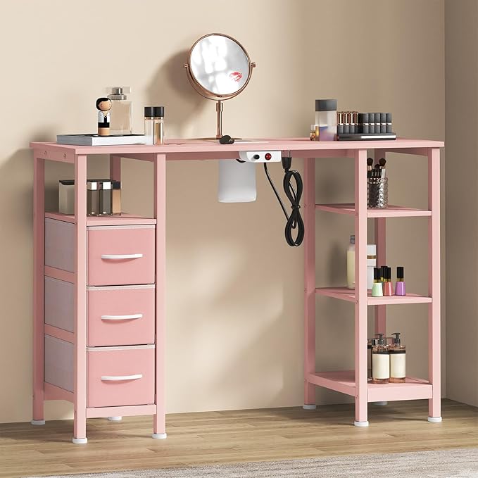 Nail Desk for Nail Tech w/Electric Dust Collector, Manicure Table w/3 Storage Drawers & 3 Open Shelves for Beauty Salon Tech Station