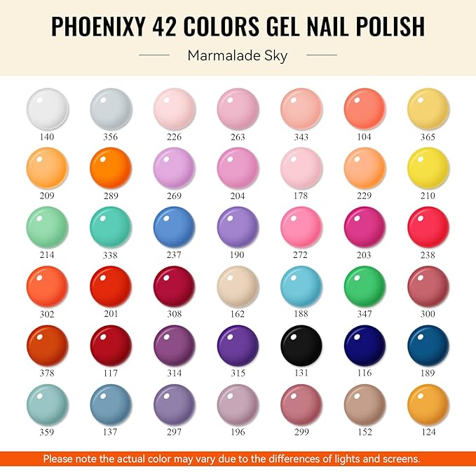 phoenixy 50 Pcs Gel Nail Polish Set, 42 Colors Gel Nail Polish Kit with Base & Glossy Matte Glitter Top Coat Pink Red Purple Blue White Nail Polish Starter Set Gifts for Women Girls