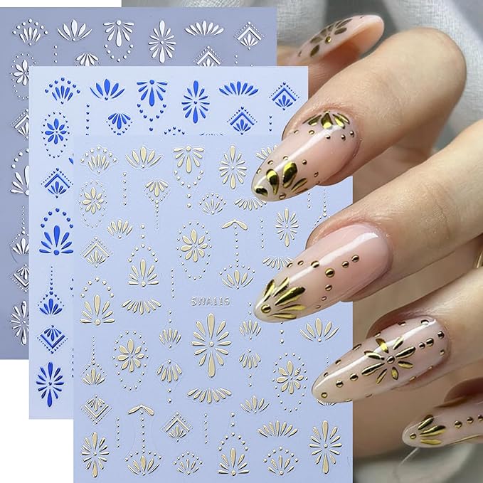 6Sheets Retro Flower Nail Art Stickers 3D Bohemian Style Design Nail Decals Self-Adhesive Gold Silver Petals Line Nail Sticker Boho Blue Floral Nail Decal for Women DIY Manicure Charms Decor Supplies