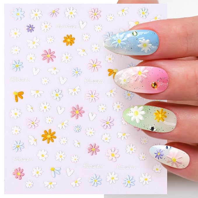 Nail Art Stickers Decals 5D Embossed Flower,Nail Decals Spring Summer Daisy Nail Art Design Self-Adhesive,Nail Accessories for Women Nail DIY Decoration