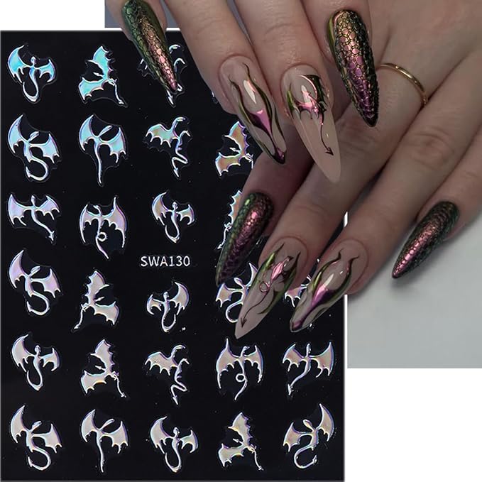 6Pcs Halloween Nail Art Stickers 3D Holographic Flying Dragon Nail Decals Self Adhesive Horror Bat Nail Stickers Laser Gold Silver Bat Dragon Design Halloween Nail Supplies for Women Holiday Manicure
