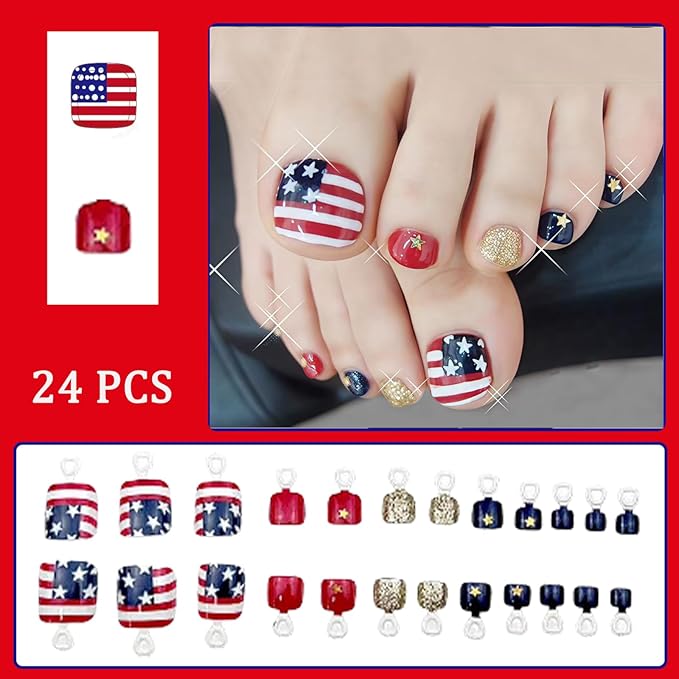 Fourth of July American Flag Press-On Toenails Short Square False Toenails Independence Day Glitter Full Coverage False Toenail Stickers Women Girls Independence Day Nail Art Decorations 24 Pieces