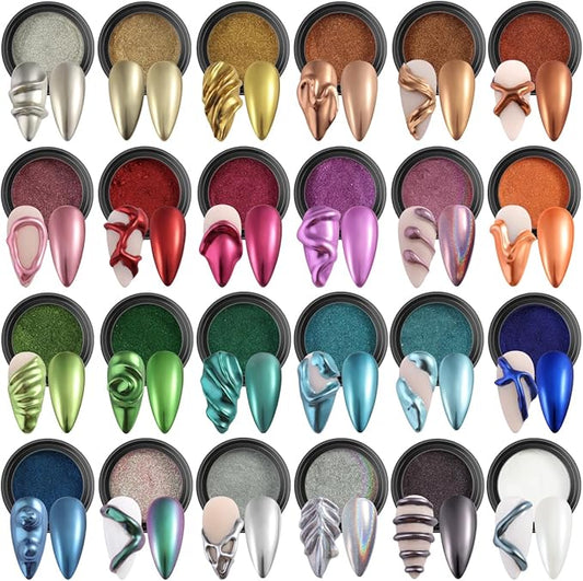 24 Colors Chrome Nail Powder Set Metallic Mirror Effect Gold Silver Pink Chrome Nail Powder White Pearl Iridescent Multi Chrome Powder for Nails Chameleon Rubbing Pigment Manicure Supplies