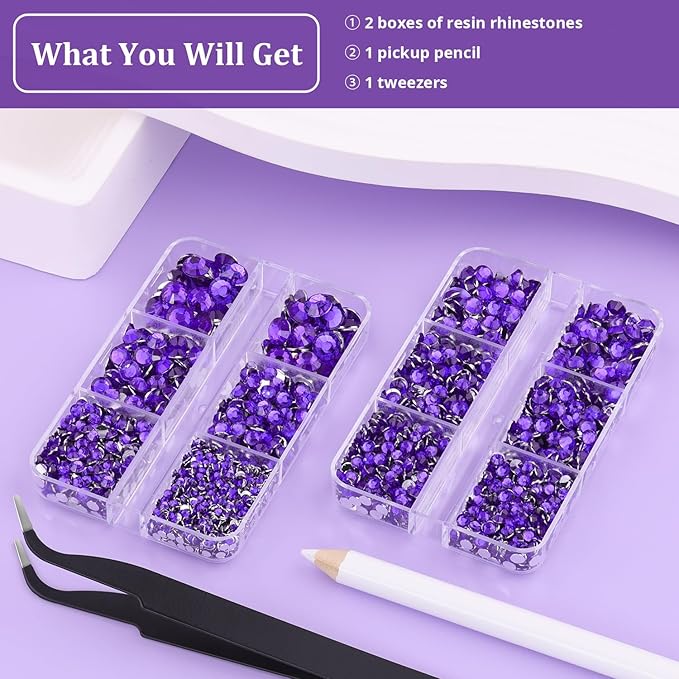 Resin Rhinestones for Crafting, 2 Boxeses Purple Multi Sizes Flatback Bedazzling Crystals for Crafts Nail Art Deco, Non Hotfix Gems Charms for Tumbler Shoes Clothing Fabric Face Makeup