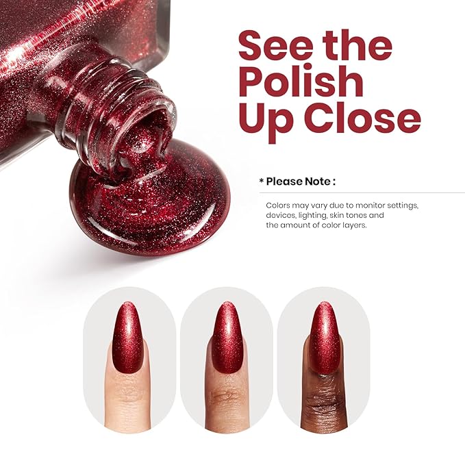 Beetles Nail Polish Red Glitter 1Pcs 15ml Ruby Radiance Fast Drying & Long Lasting Nail Polish Shimmer Red Color Art Effect for Christmas Nail Salon DIY Manicure